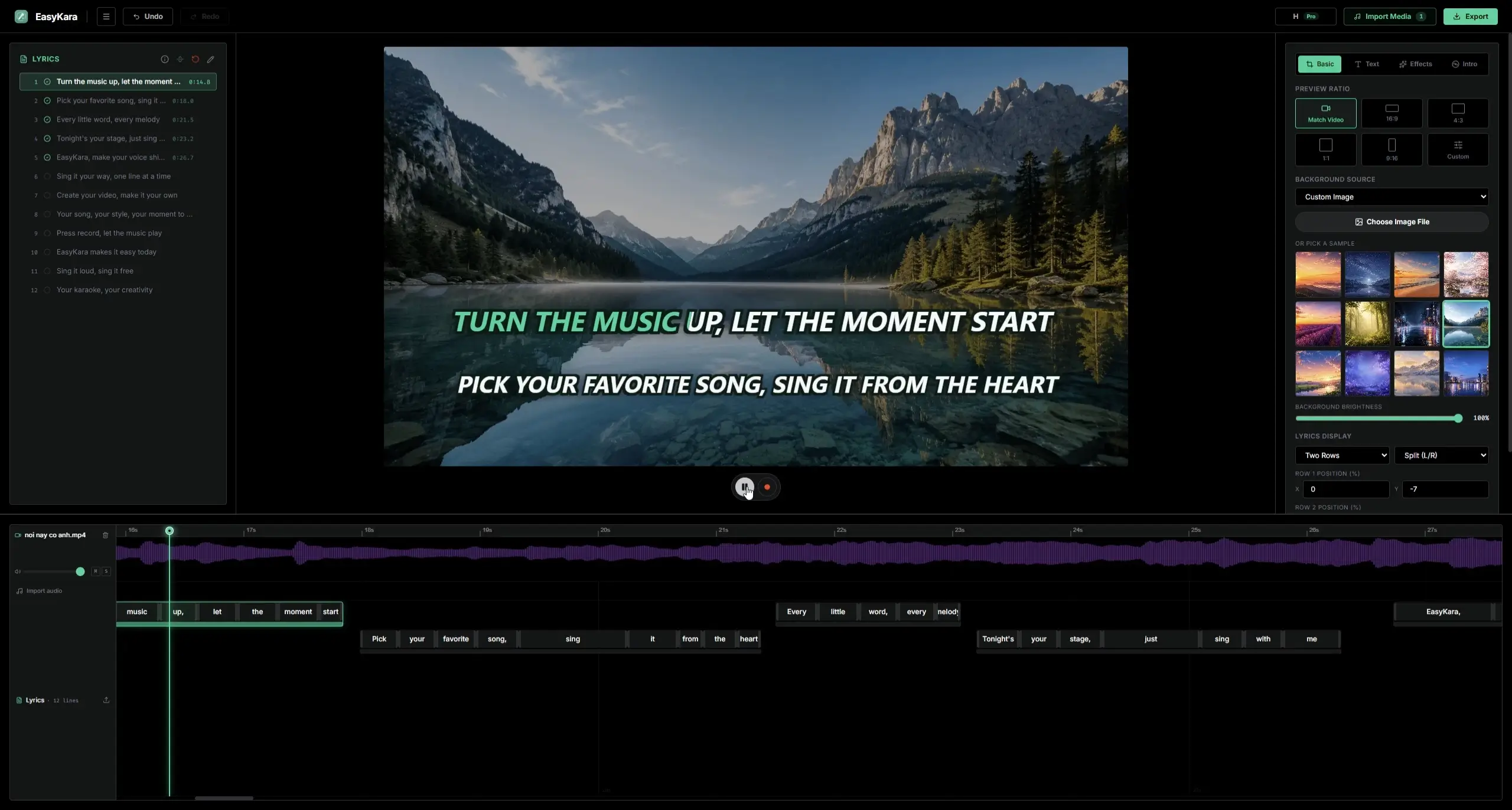 Screenshot of the EasyKara editor showing word-by-word karaoke lyric sync with waveform timeline