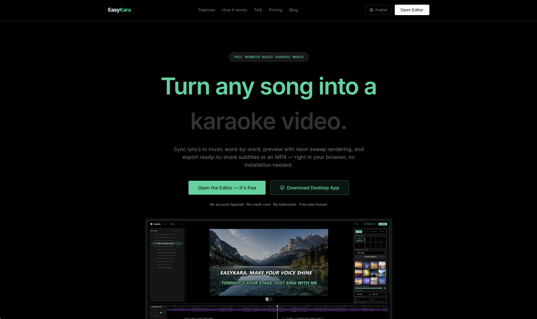 The EasyKara homepage, showing the option to use the web editor or download the desktop app