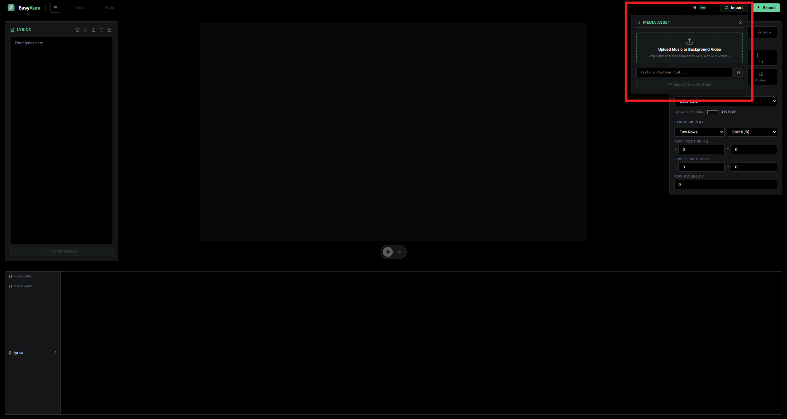 Clicking the Import button in the EasyKara editor to add a video or audio file