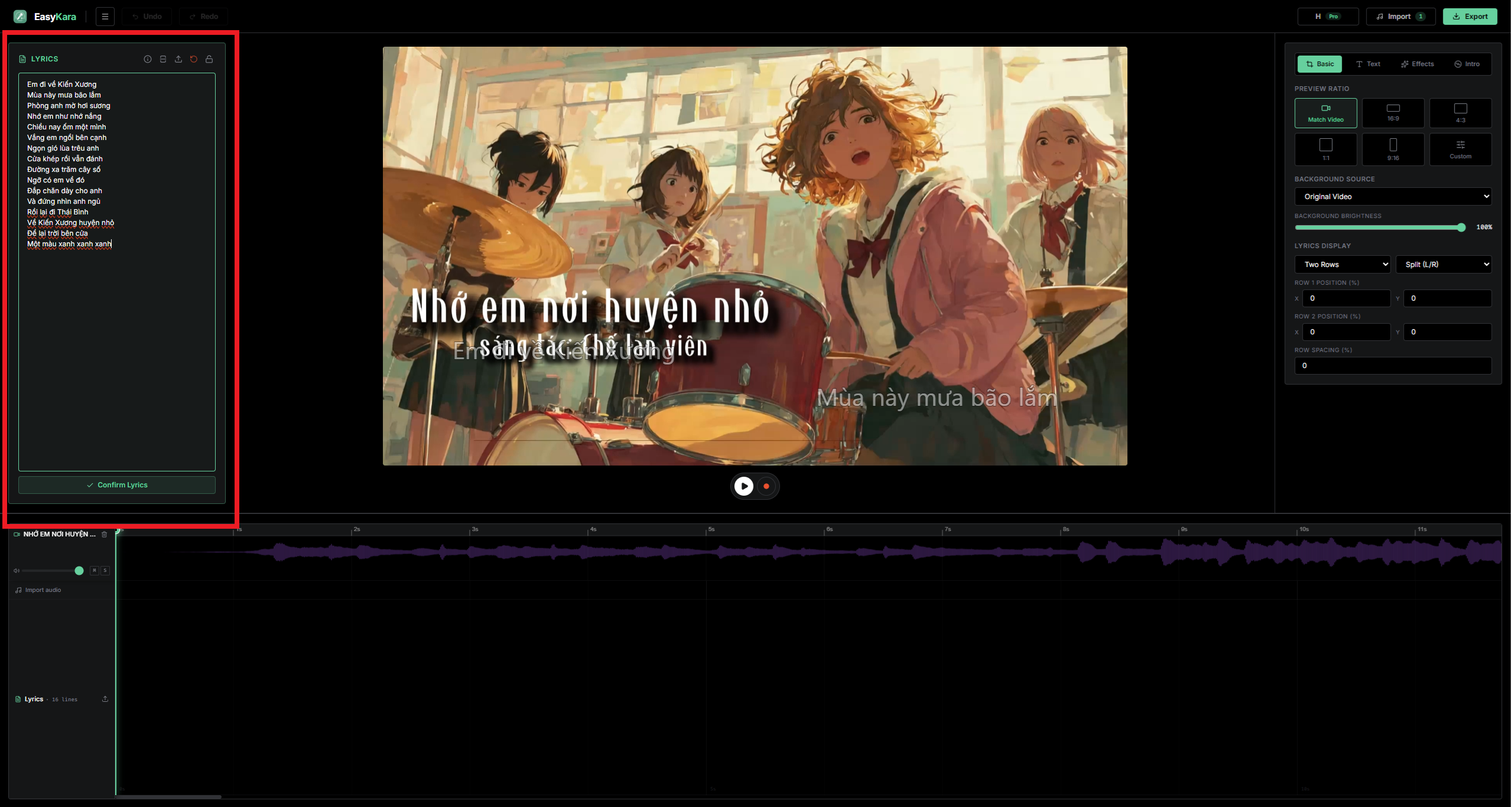 Pasting lyrics into the EasyKara lyrics panel and clicking Confirm Lyrics