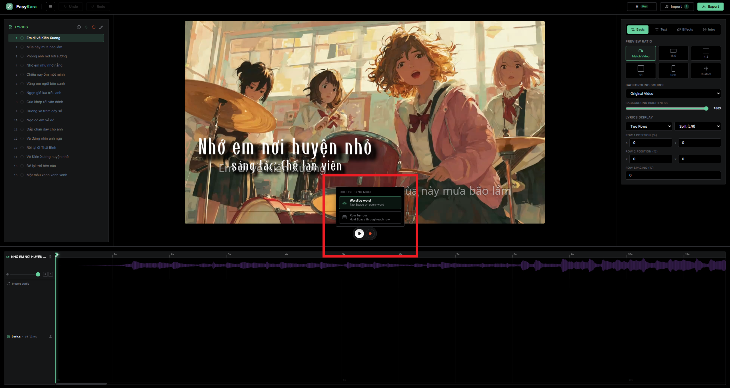 Choosing between word-by-word and row-by-row sync mode in EasyKara