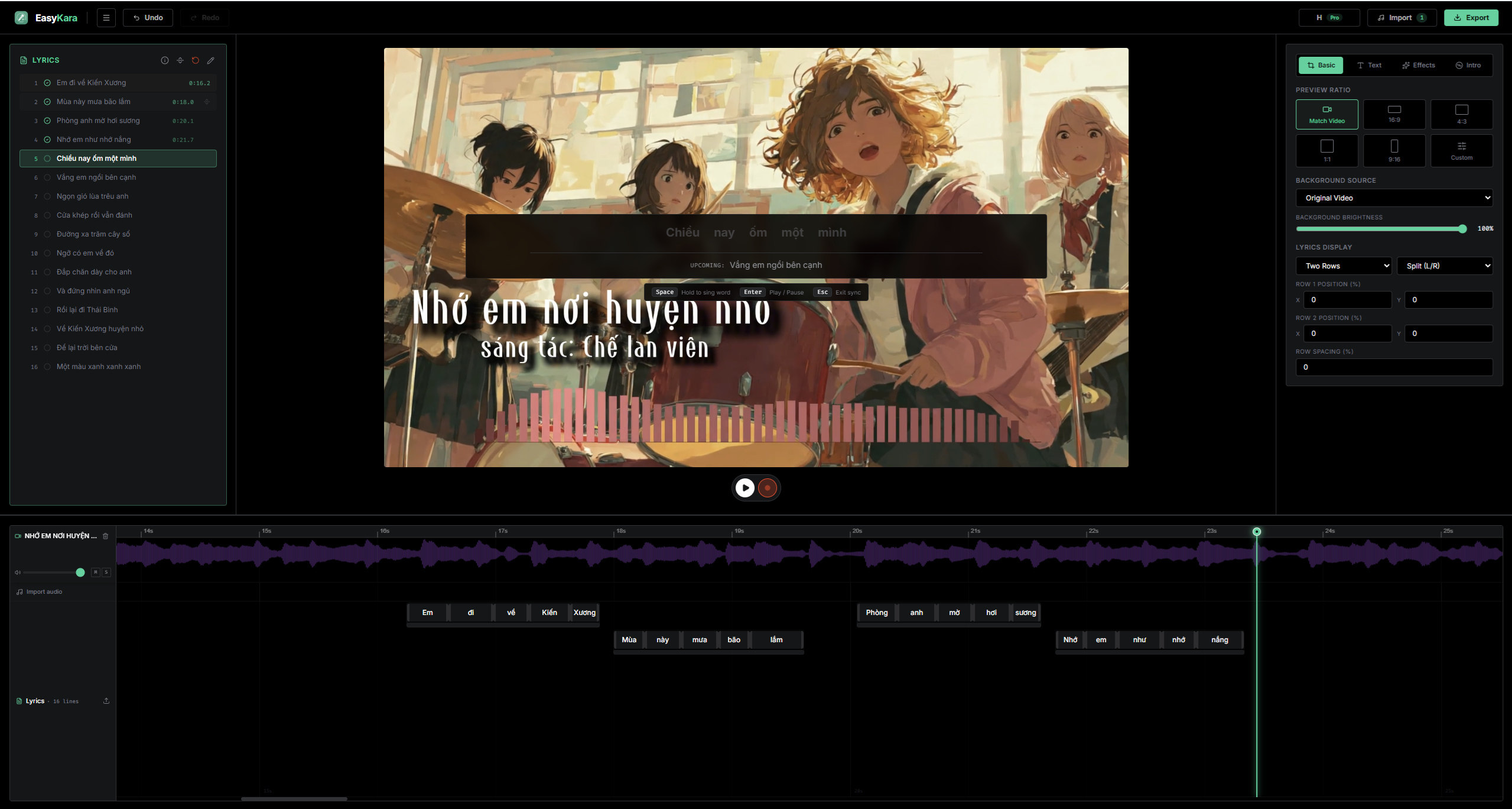 Fully synced lyrics in EasyKara after finishing a word-by-word sync session