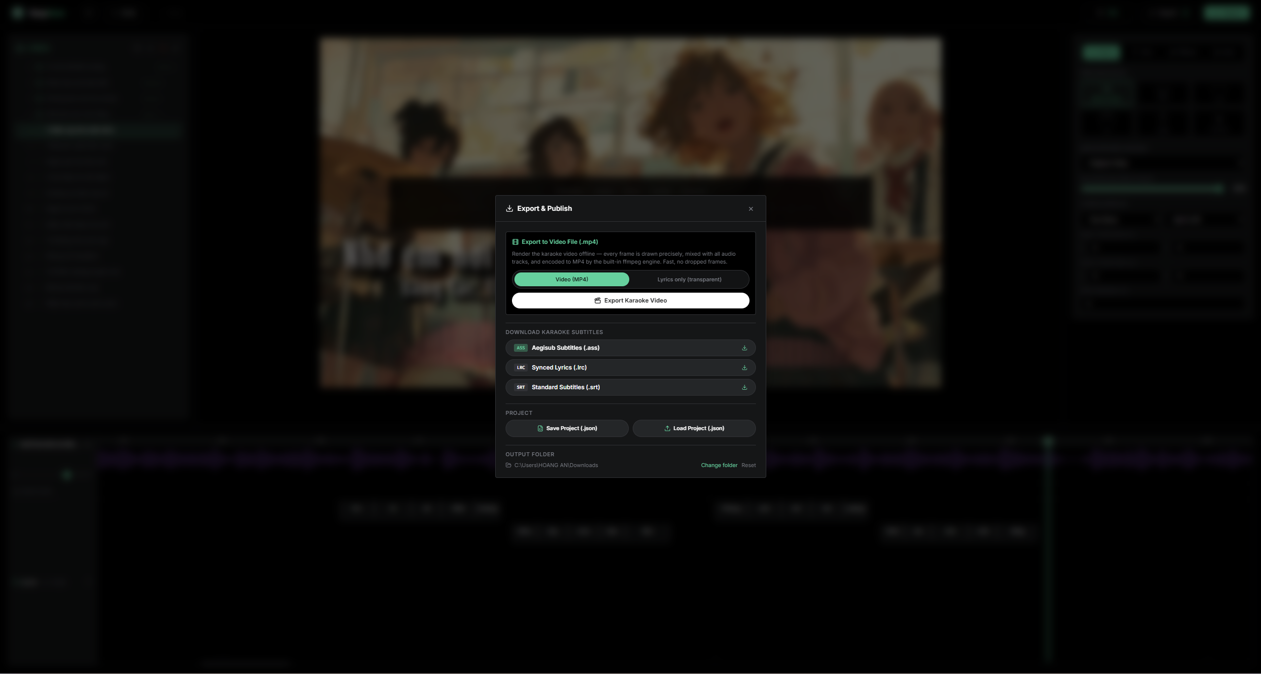 Clicking Export and choosing Export Video in EasyKara to render the finished karaoke video