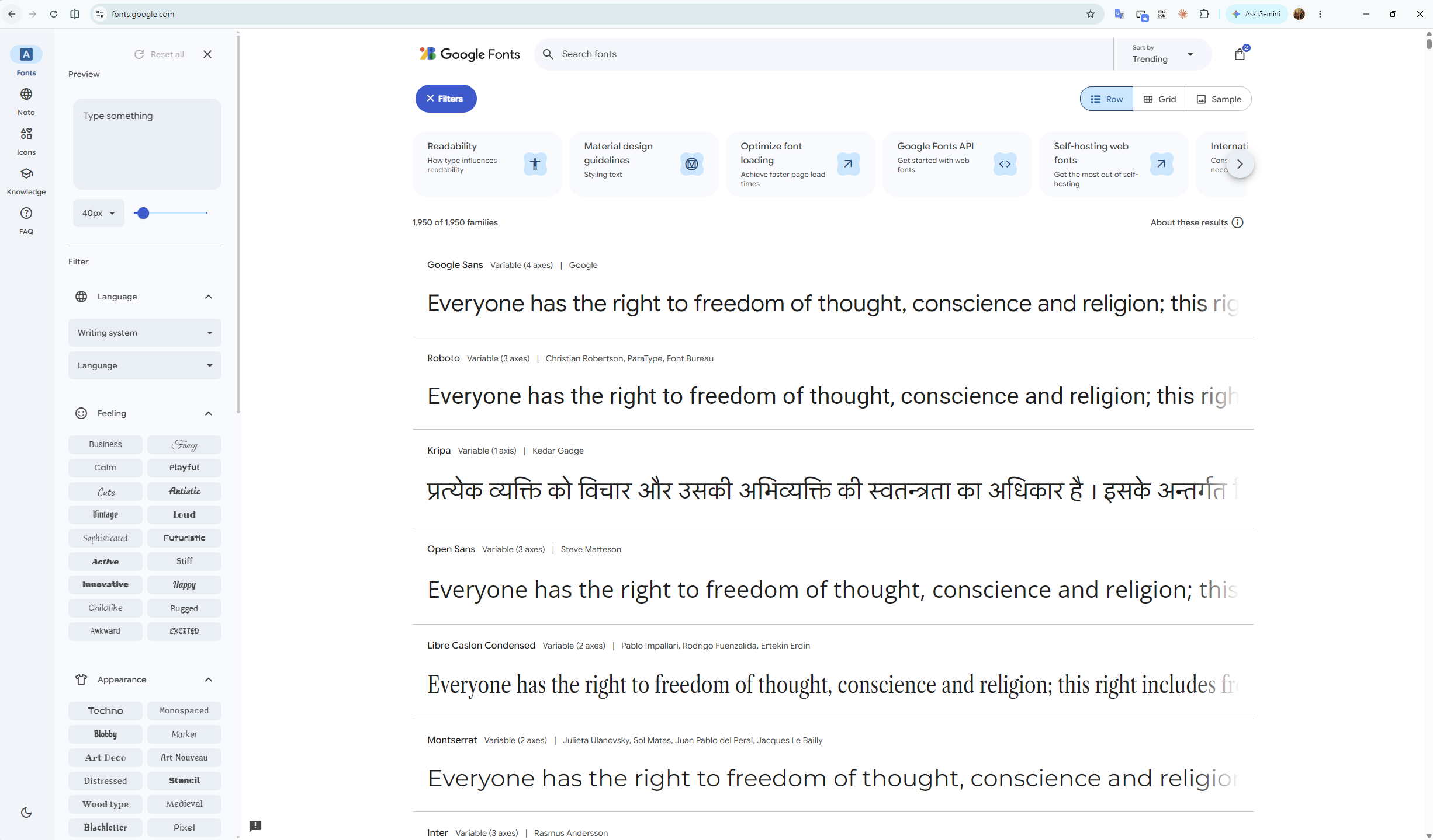Google Fonts library showing search and font filtering controls