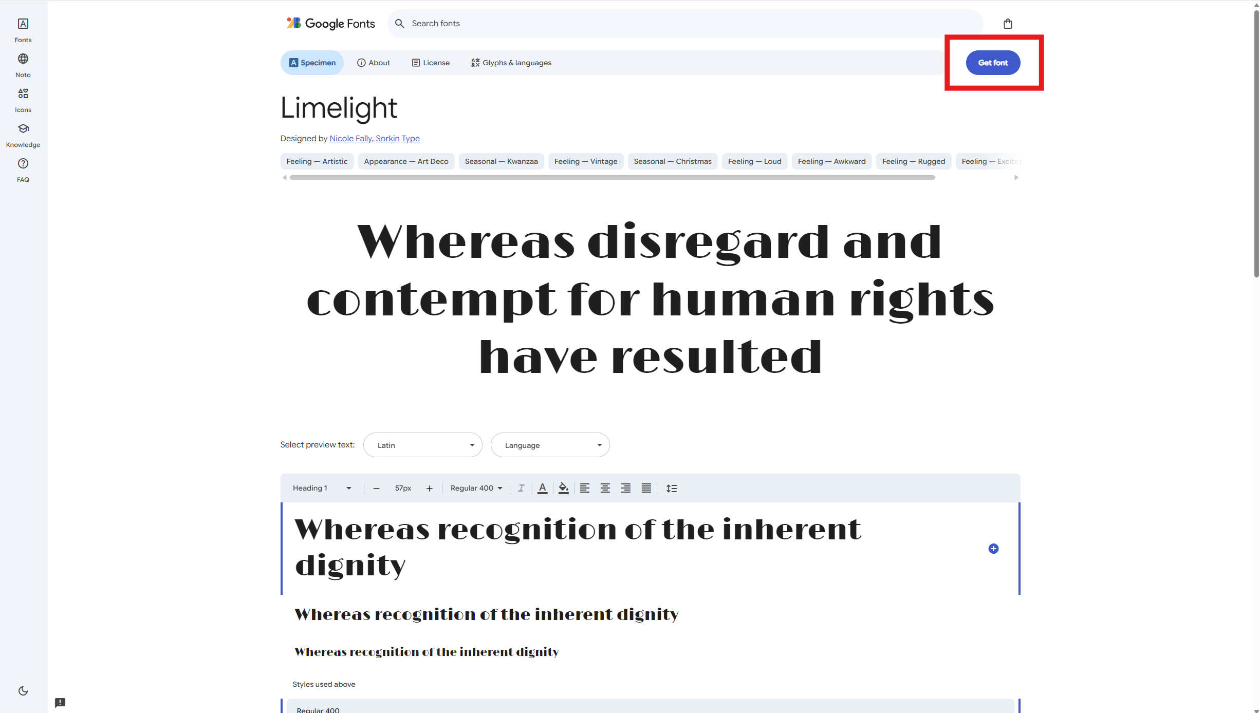 Google Fonts specimen page with the Get font button highlighted