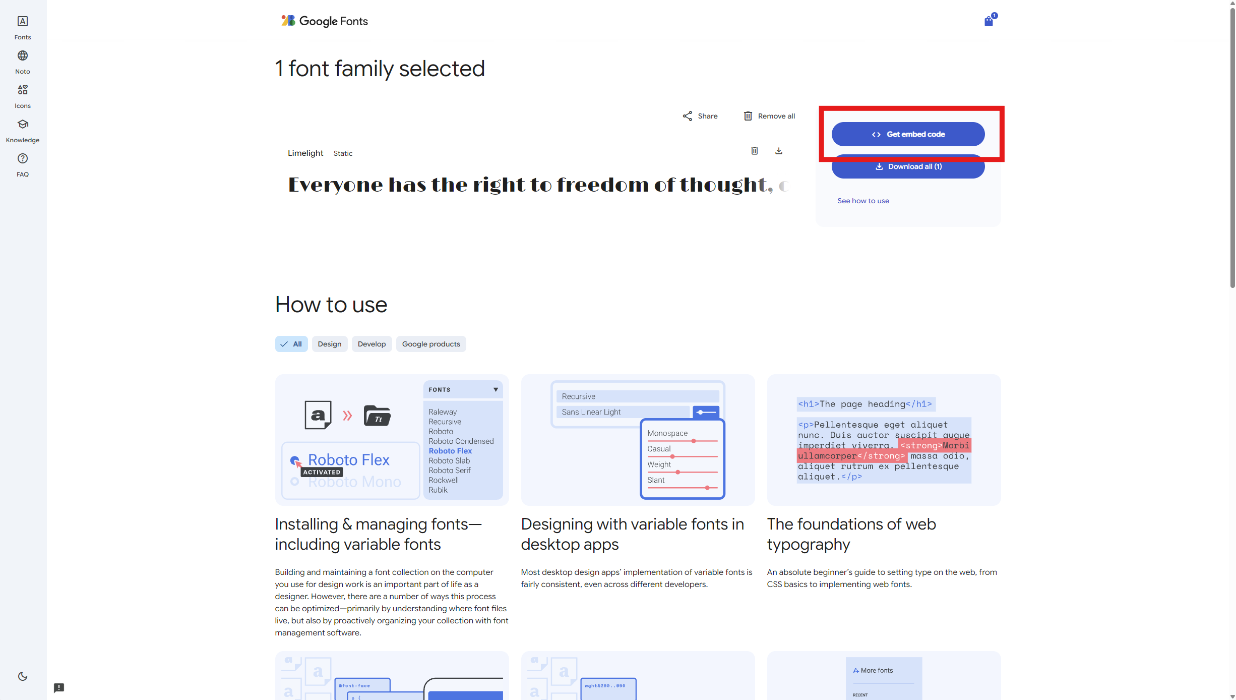 Google Fonts selected families page with Get embed code highlighted