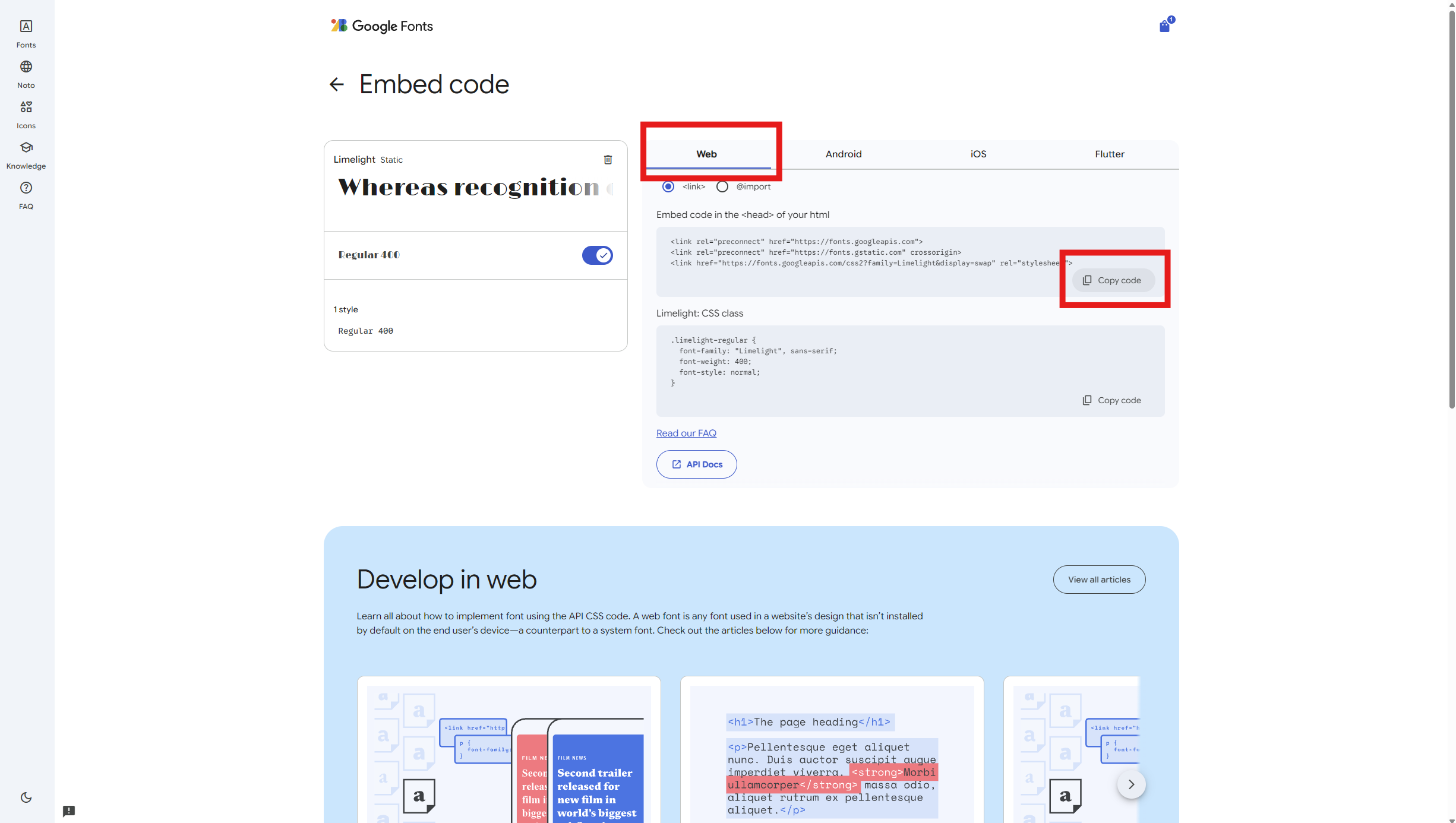 Google Fonts Web embed tab with the Copy code button highlighted