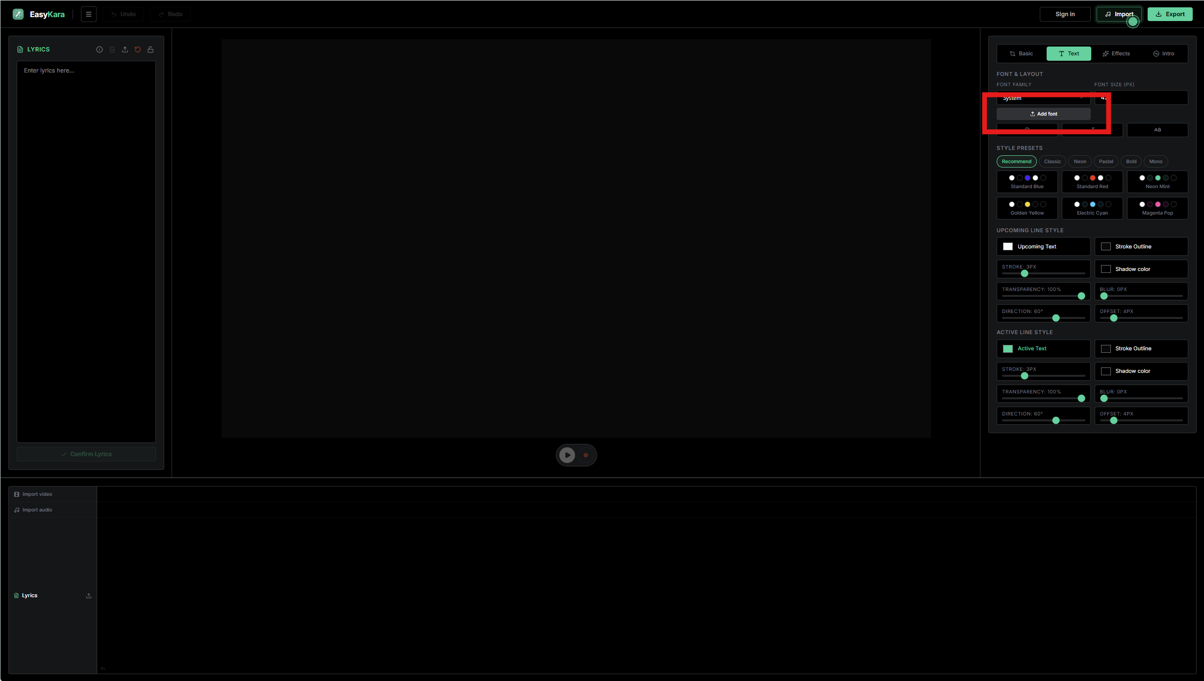 EasyKara Text tab with the Add font button highlighted