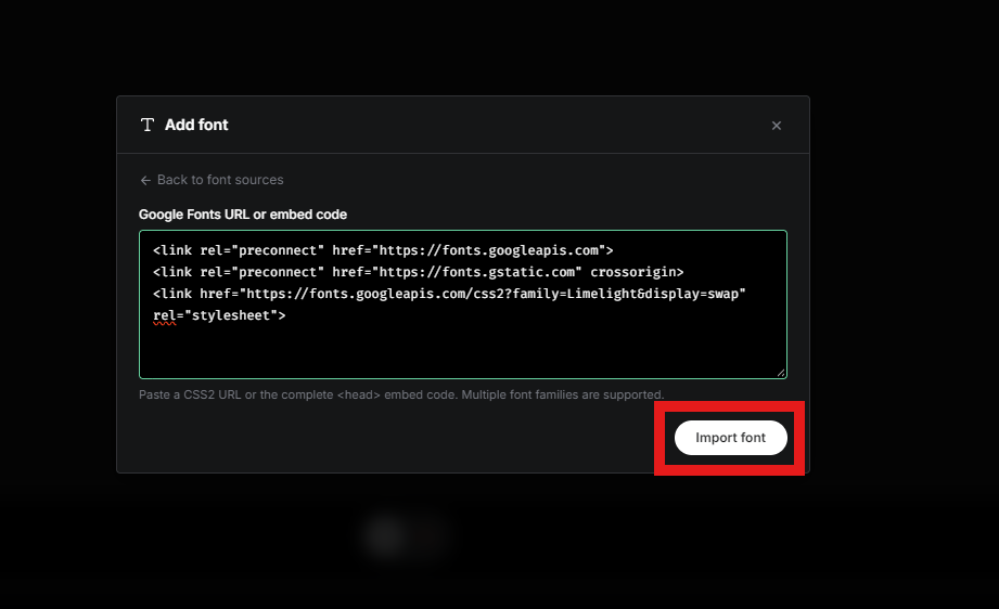 Google Fonts embed code pasted into EasyKara with the Import font button highlighted